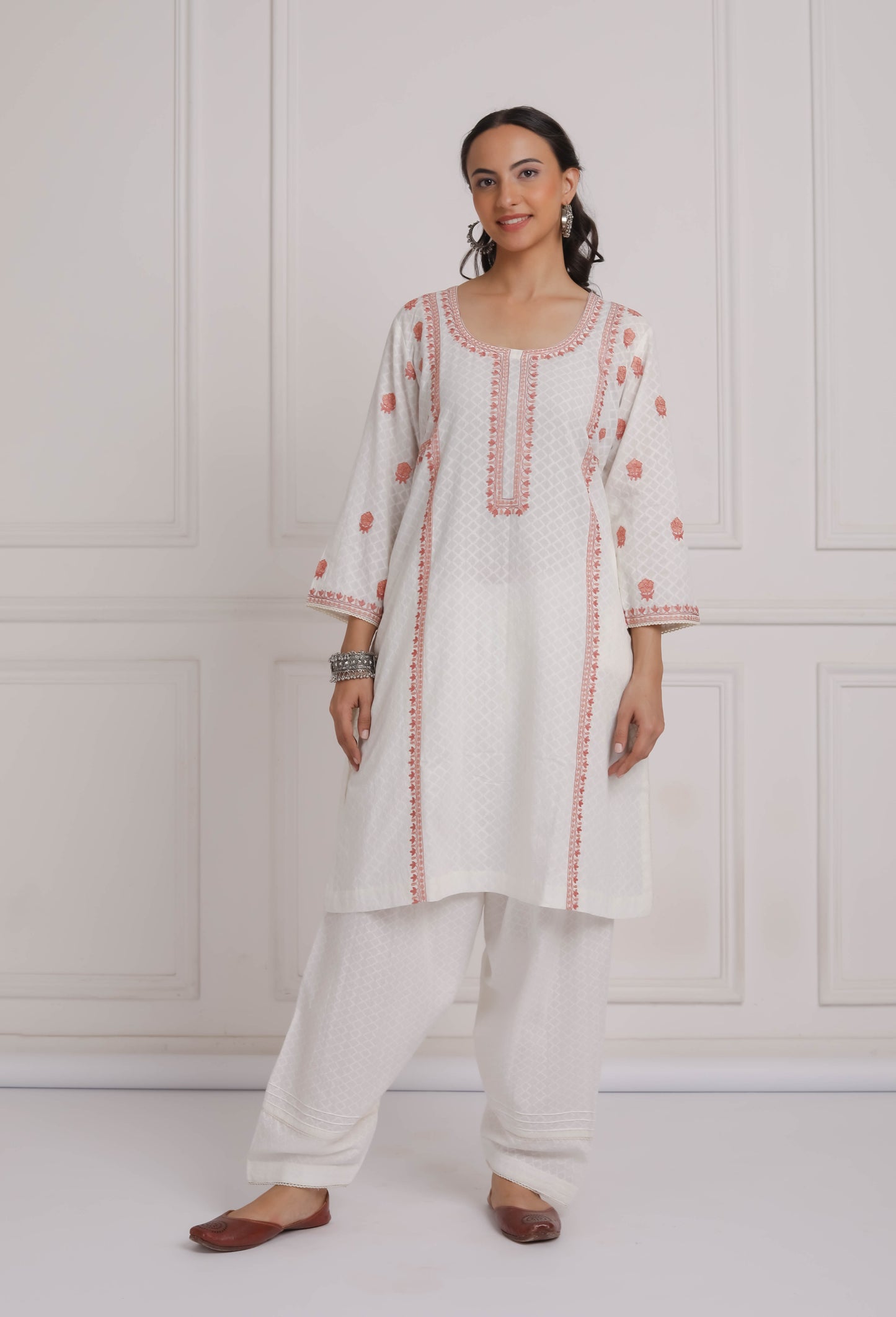 Off White Embroidered A-Line Kurta & Pant Salwar Set- Peach