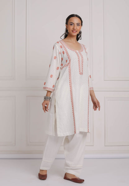 Off White Embroidered A-Line Kurta & Pant Salwar Set- Peach