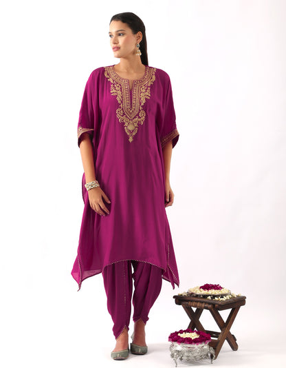 Magenta Pink Neck Embroidered Kaftan & Dhoti Set