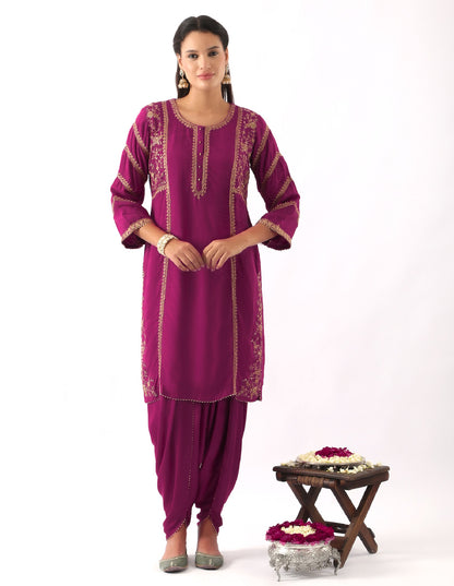 Magenta Pink Dori Embroidered Kurta & Dhoti Set