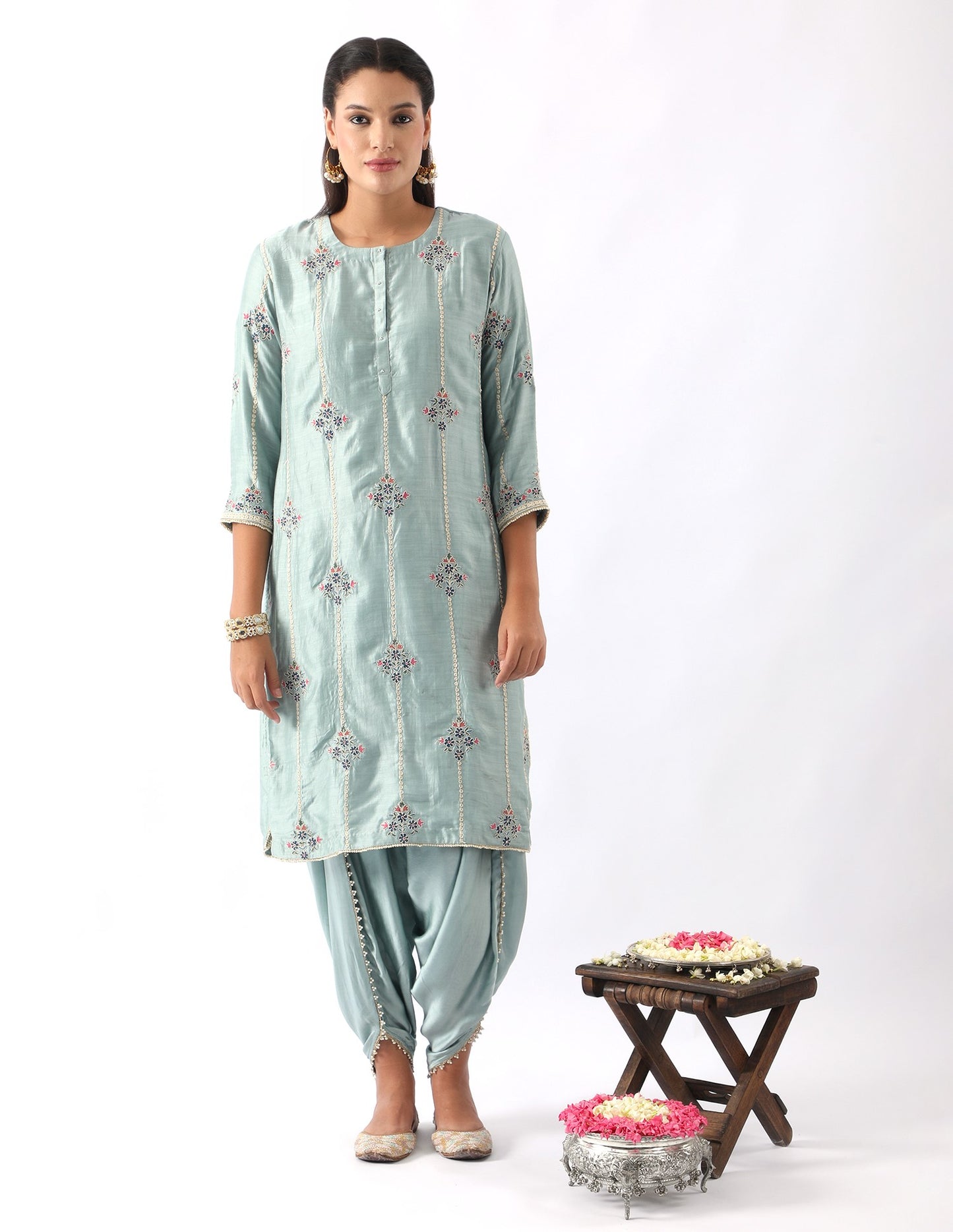 Ice Blue Embroidered Kurta & Dhoti Set