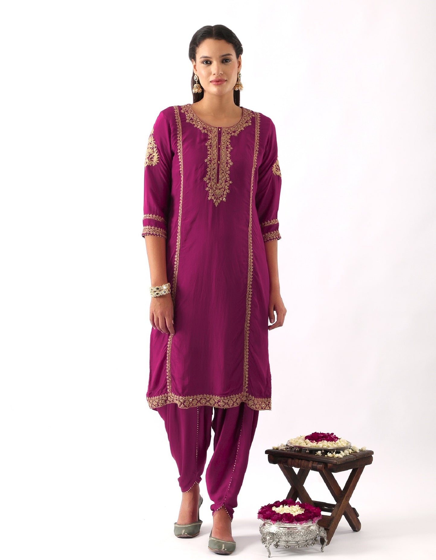 Magenta Pink Neck Embroidered Kurta & Dhoti Set