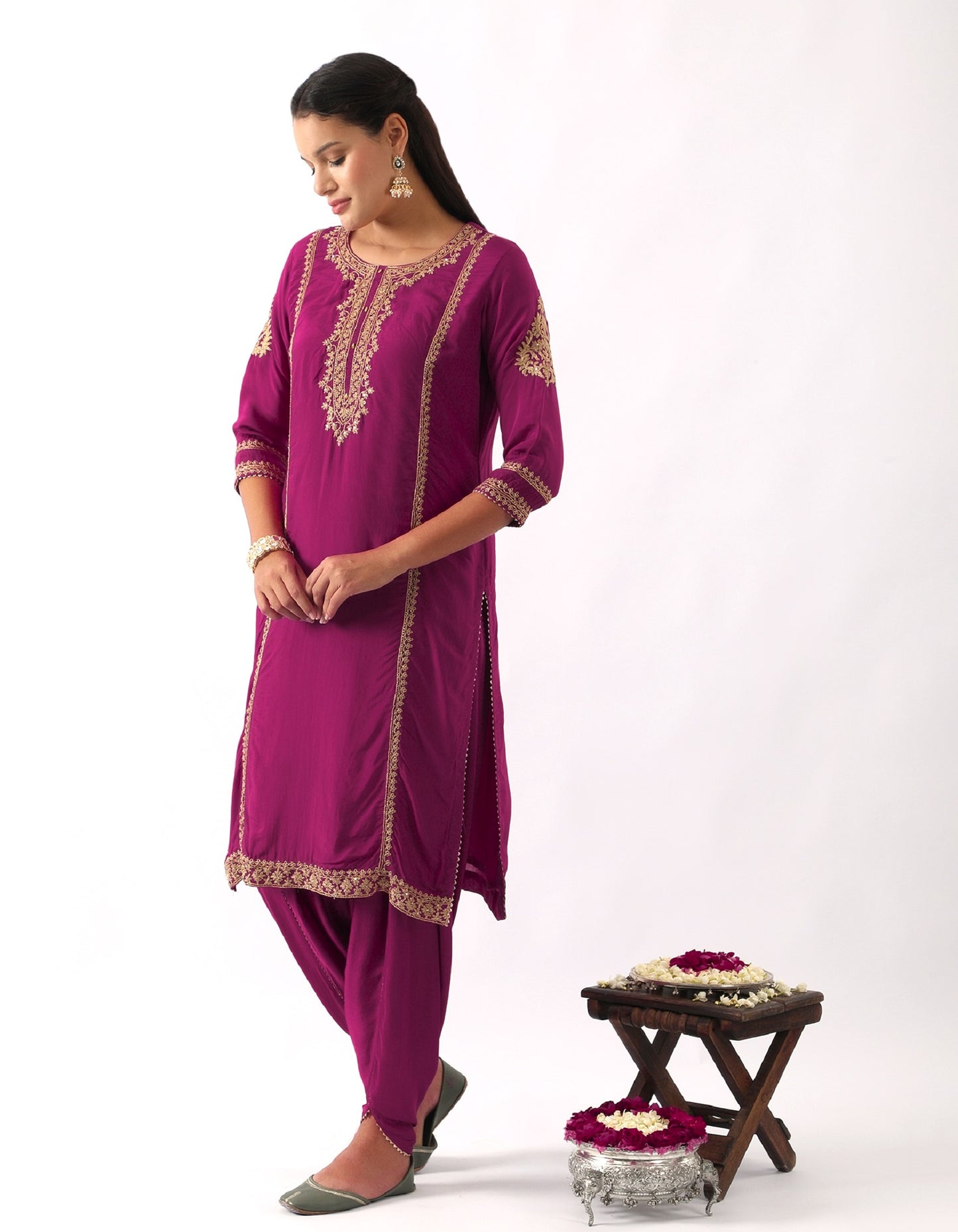 Magenta Pink Neck Embroidered Kurta & Dhoti Set