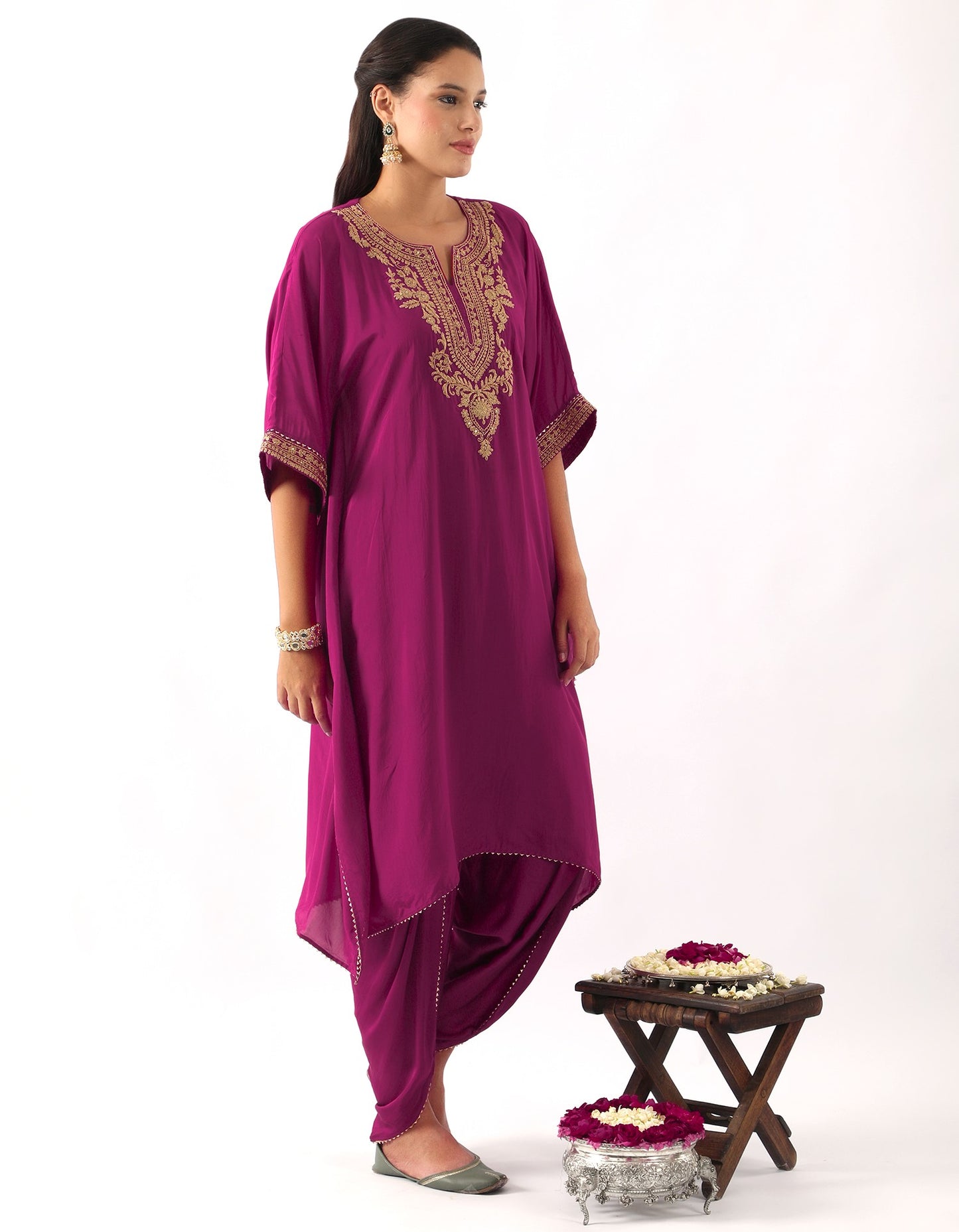 Magenta Pink Neck Embroidered Kaftan & Dhoti Set