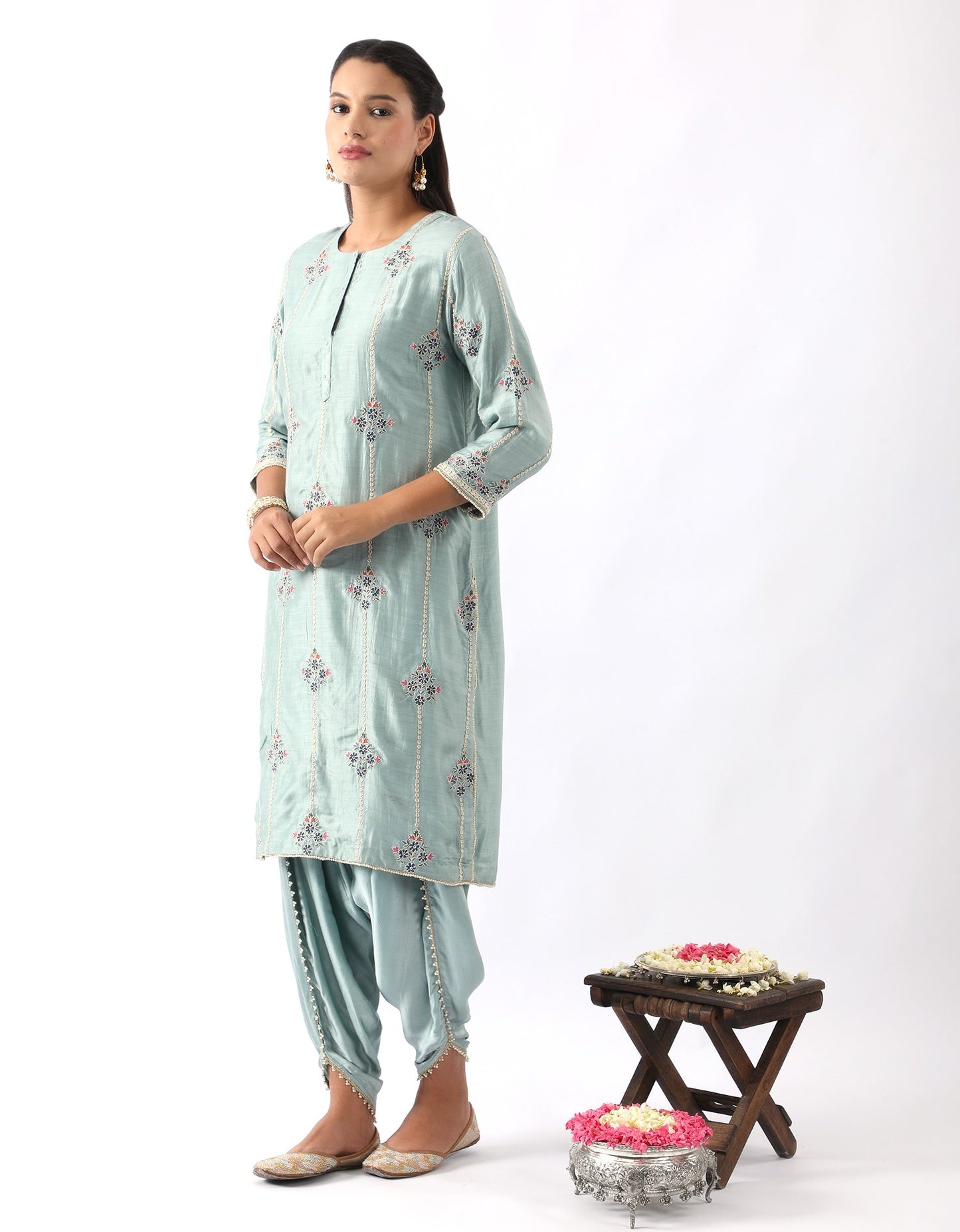 Ice Blue Embroidered Kurta & Dhoti Set