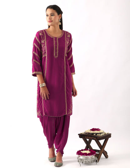 Magenta Pink Dori Embroidered Kurta & Dhoti Set