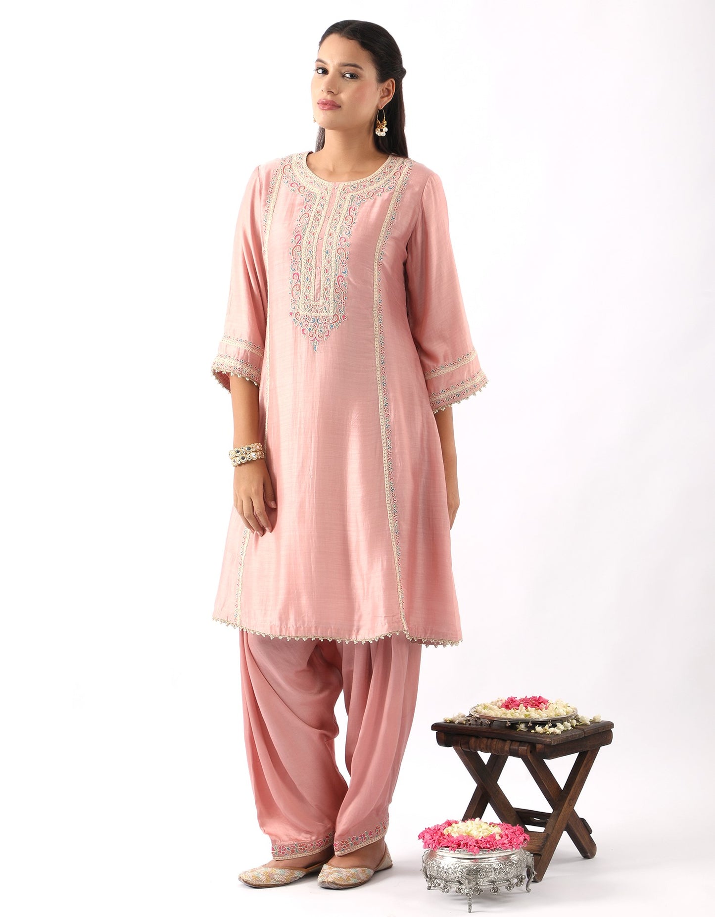 Blush Pink Embroidered A-Line Kurta & Salwar Set