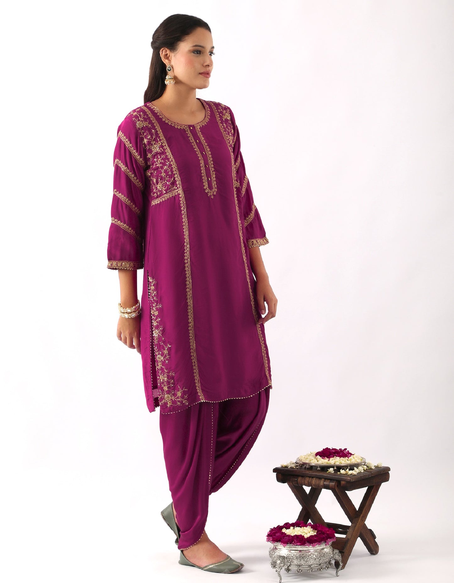 Magenta Pink Dori Embroidered Kurta & Dhoti Set