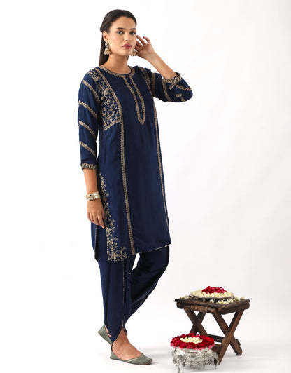 Midnight Blue Dori Embroidered Kurta & Dhoti Set