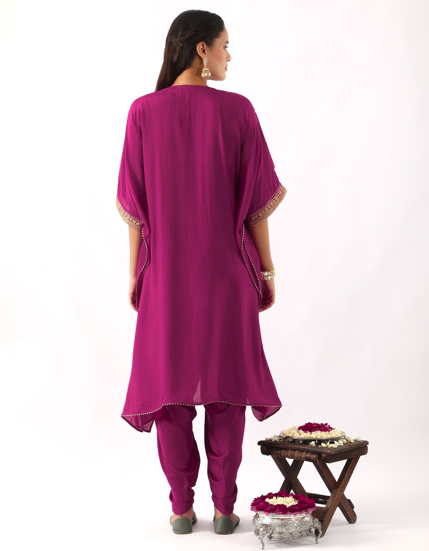 Magenta Pink Neck Embroidered Kaftan & Dhoti Set