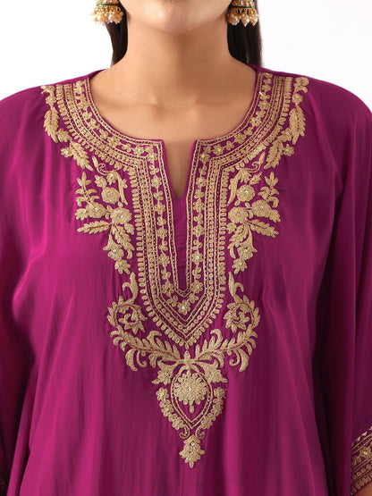 Magenta Pink Neck Embroidered Kaftan & Dhoti Set