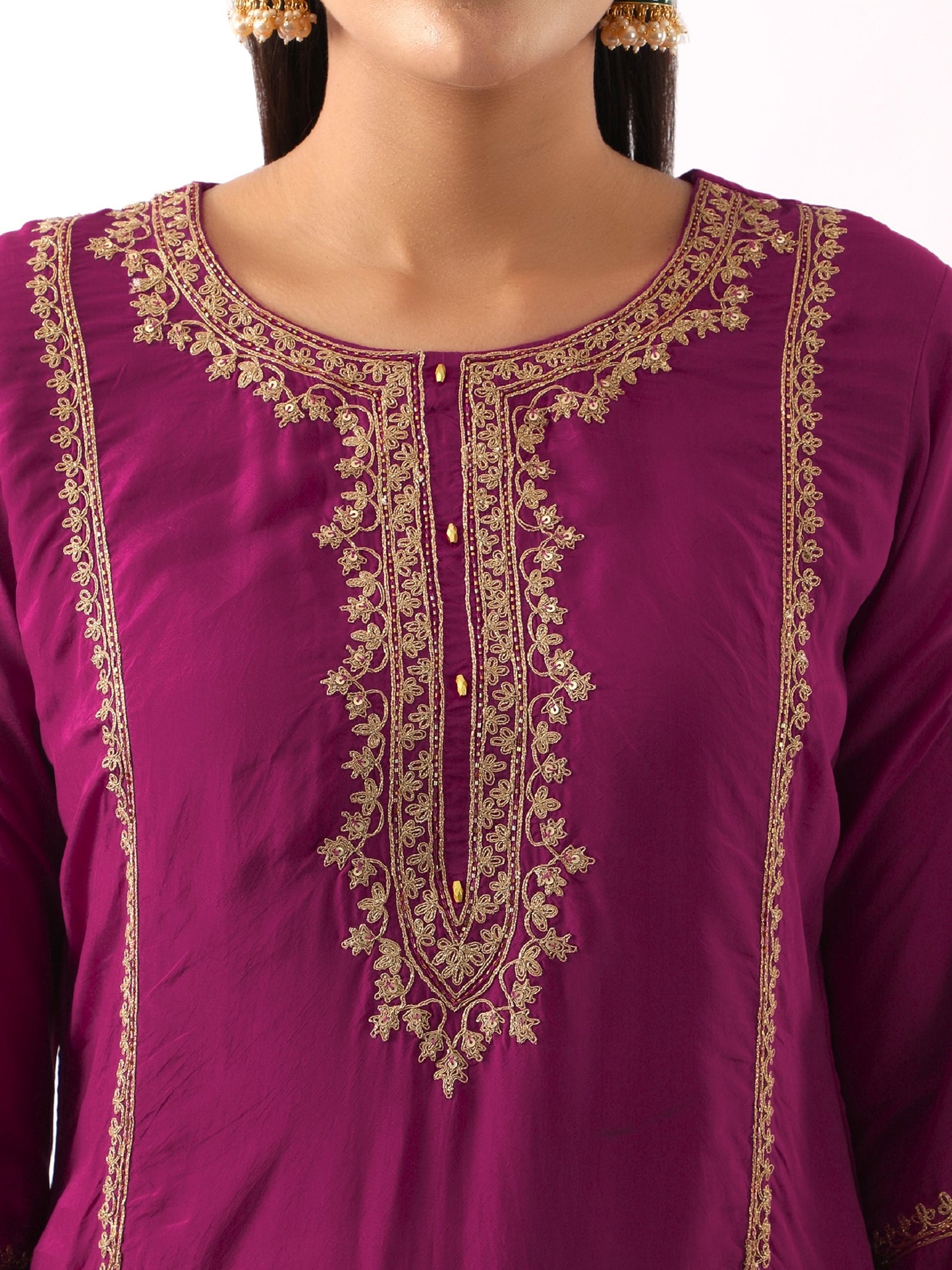 Magenta Pink Neck Embroidered Kurta & Dhoti Set