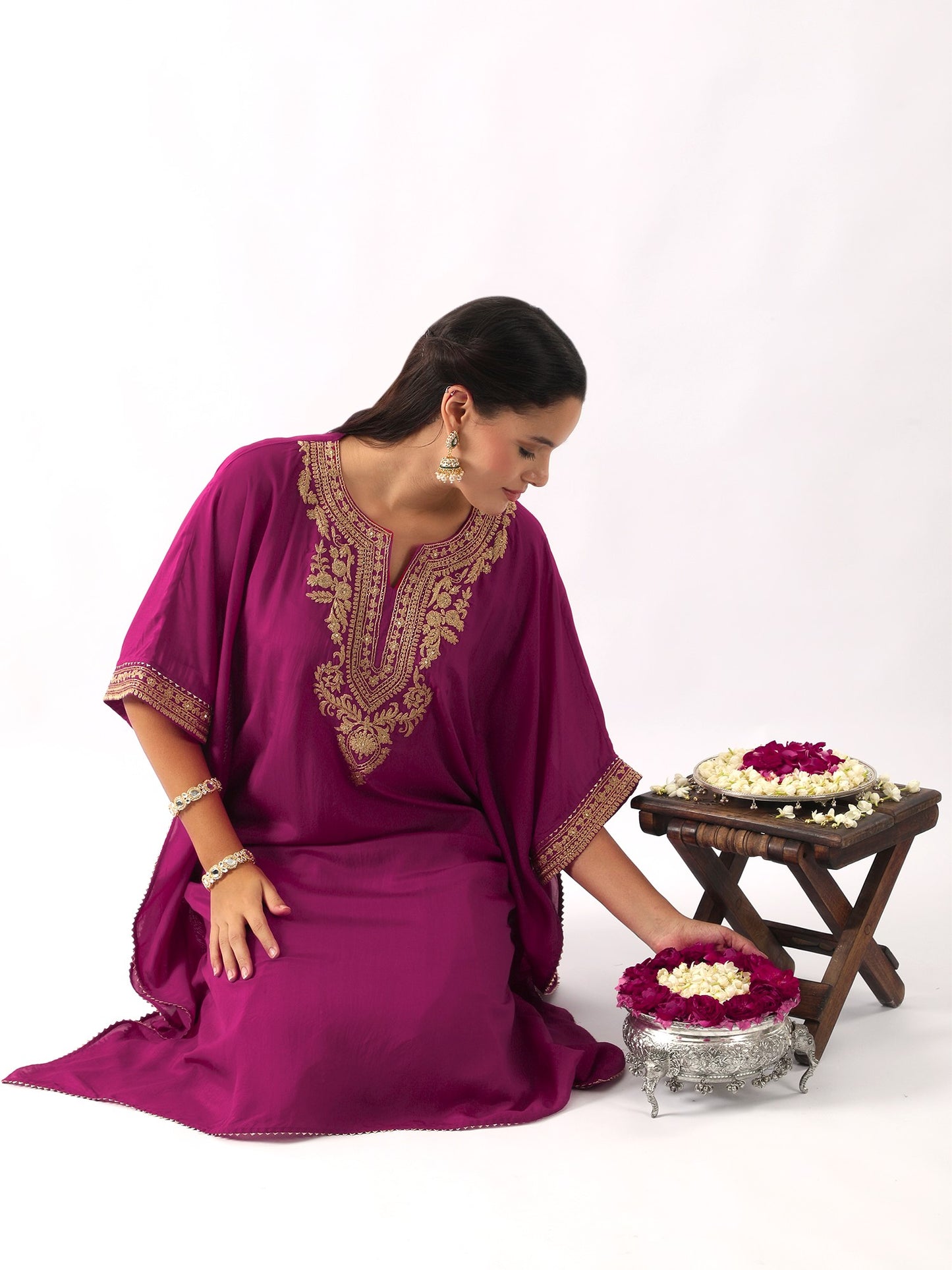 Magenta Pink Neck Embroidered Kaftan & Dhoti Set