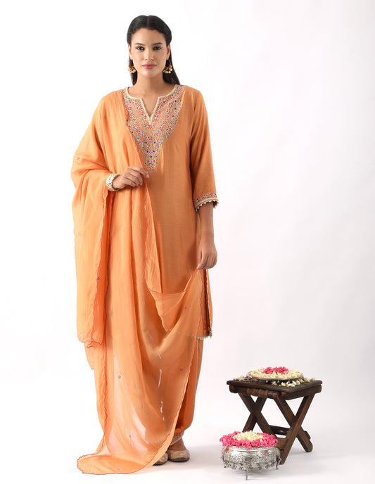 Orange Neck Embroidered Kurta & Salwar Set