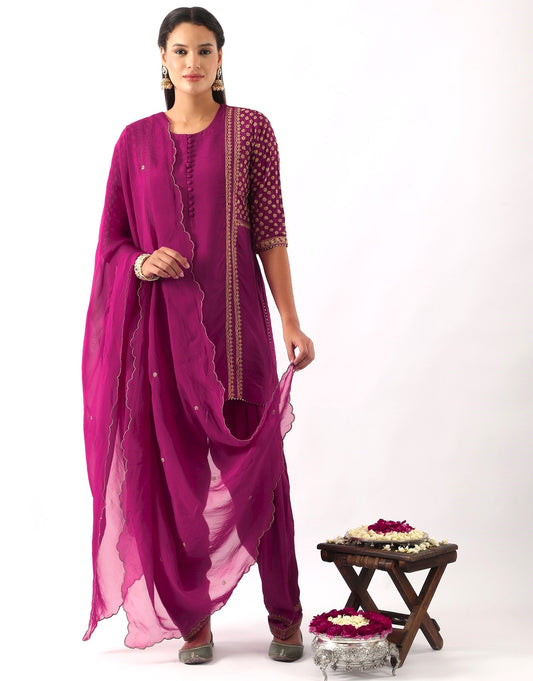 Magenta Pink Yoke Embroidered Short Kurta & Salwar Set