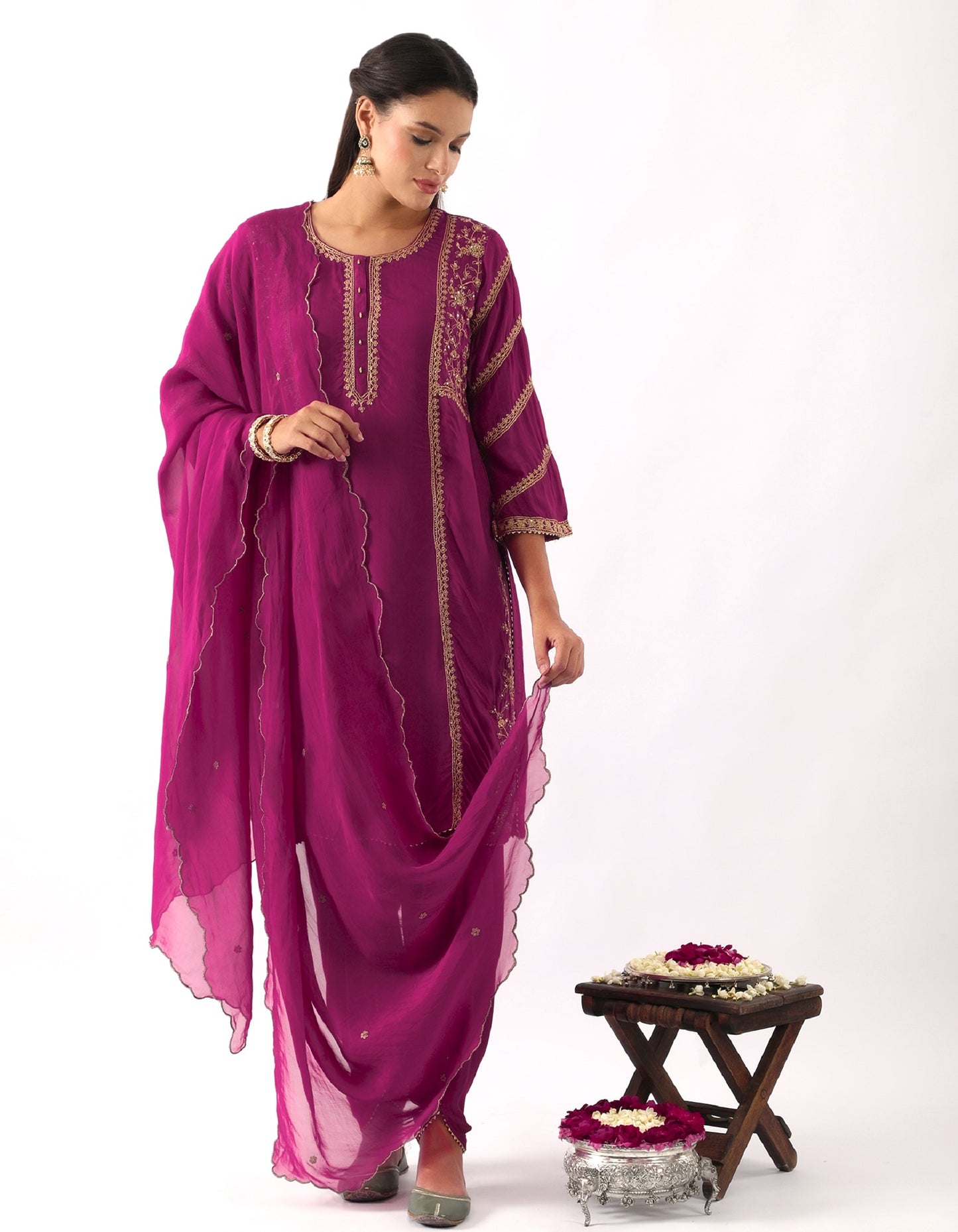 Magenta Pink Dori Embroidered Kurta & Dhoti Set