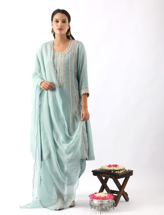 Ice Blue Embroidered A-Line Kurta & Dhoti Set