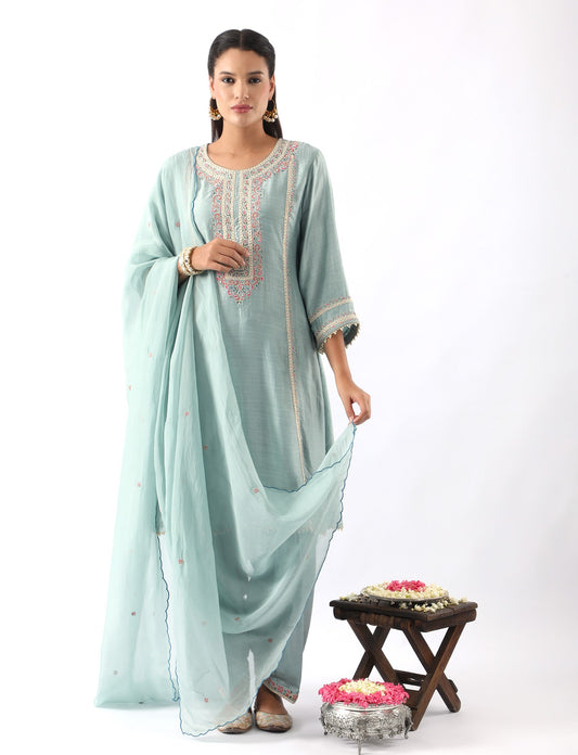 Ice Blue Embroidered A-Line Kurta & Salwar Set