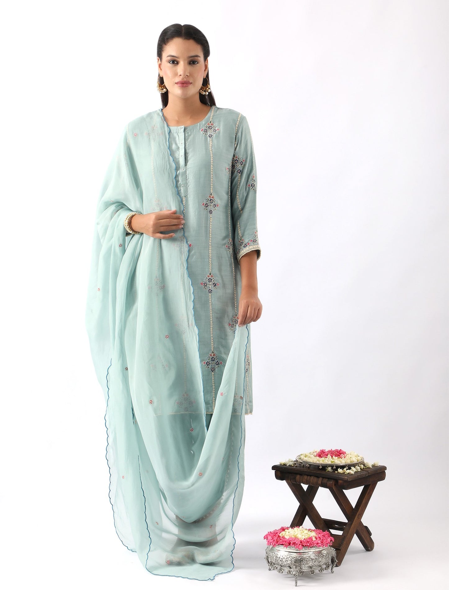 Ice Blue Embroidered Kurta & Dhoti Set