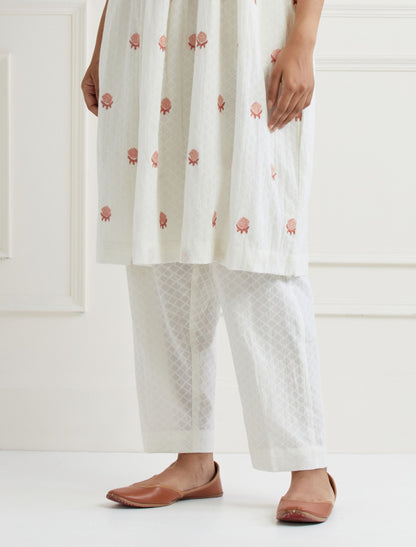 Off White Embroidered Cotton Kurta & Pant Set- Peach