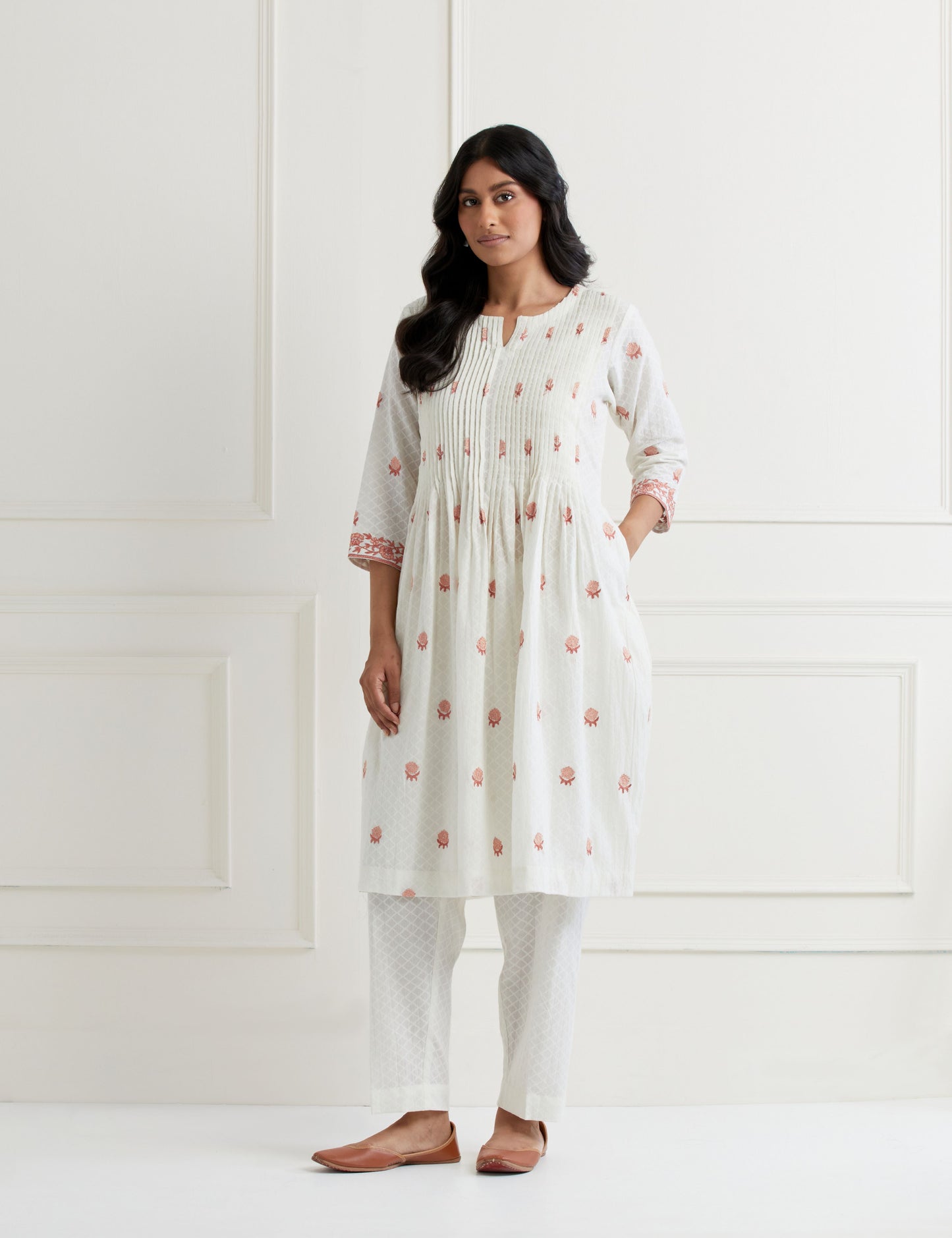 Off White Embroidered Cotton Kurta & Pant Set- Peach