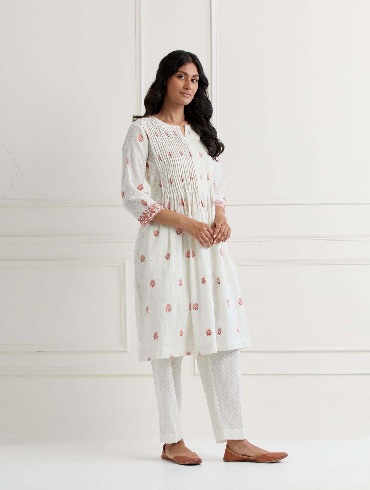 Off White Embroidered Cotton Kurta & Pant Set- Peach