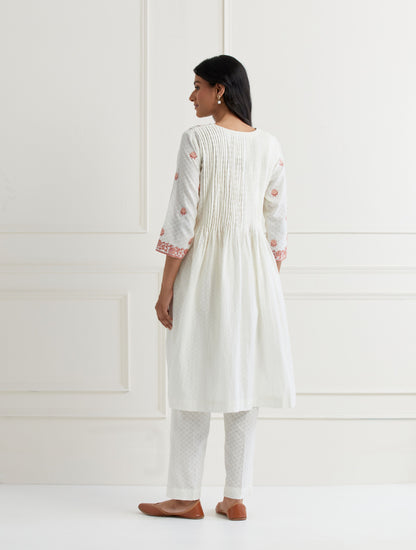 Off White Embroidered Cotton Kurta & Pant Set- Peach