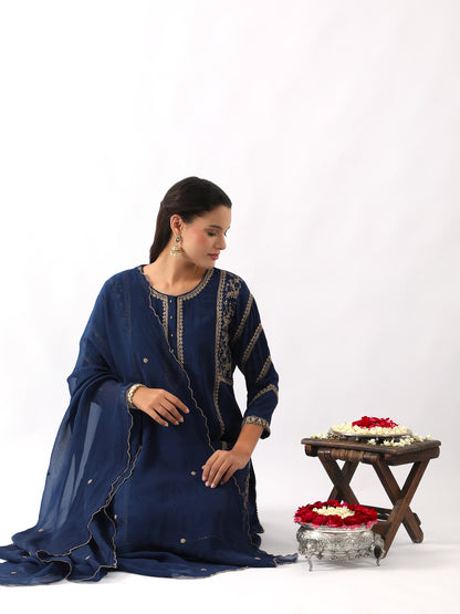 Midnight Blue Dori Embroidered Kurta & Dhoti Set