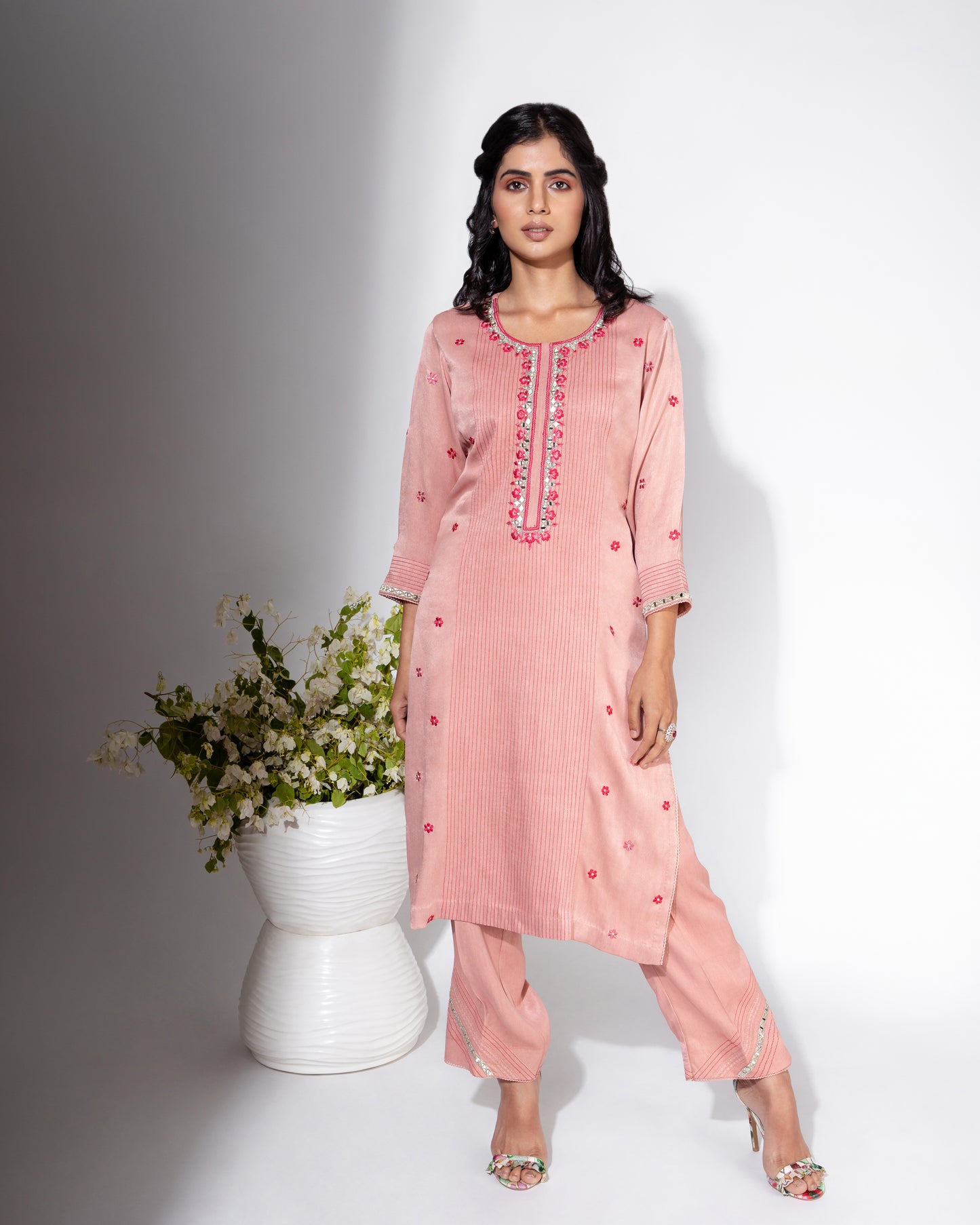 Pink Neckline Embroidered Shirt & Pant Set