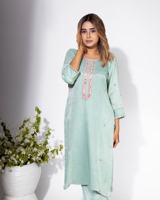 Blue Neckline Embroidered Shirt & Pant Set