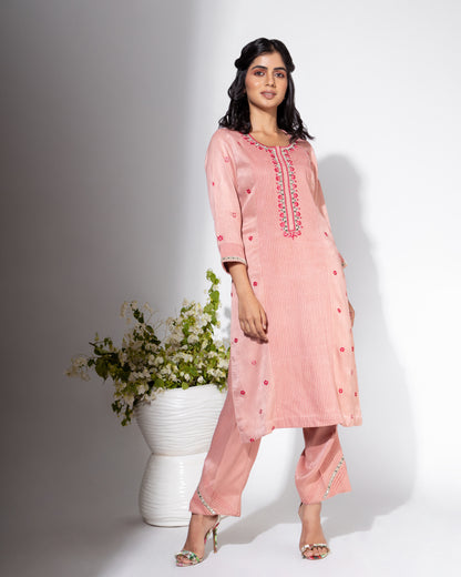 Pink Neckline Embroidered Shirt & Pant Set