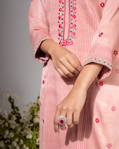 Pink Neckline Embroidered Shirt & Pant Set