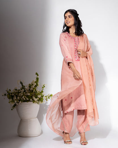 Pink Neckline Embroidered Shirt & Pant Set