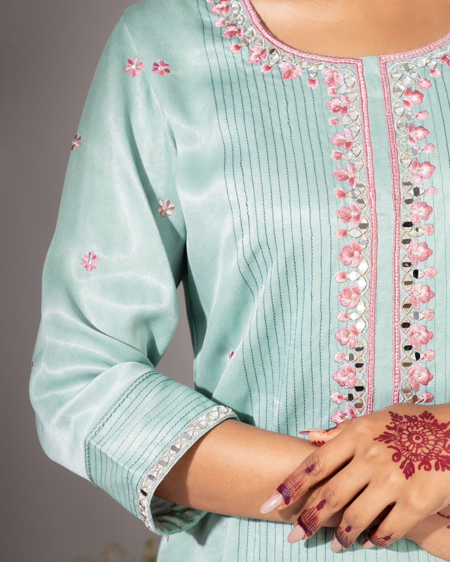 Blue Neckline Embroidered Shirt & Pant Set