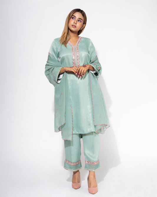 Blue Embroidered Sleeve Kurta & Pant Set