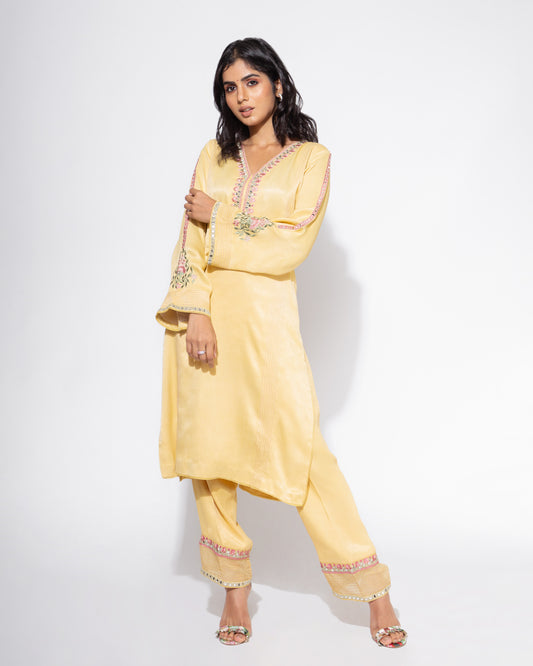 Yellow Embroidered Sleeve Kurta & Pant Set